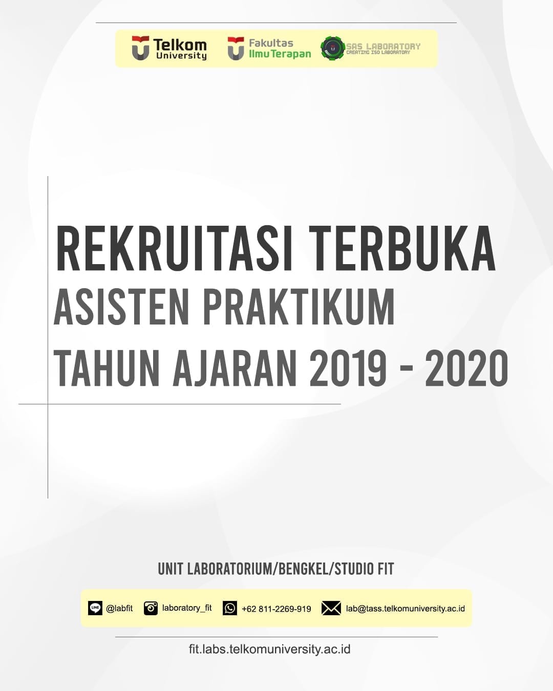 Rekruitasi Terbuka Asisten Praktikum FIT Tel-U Semester Genap TA 2019/2020